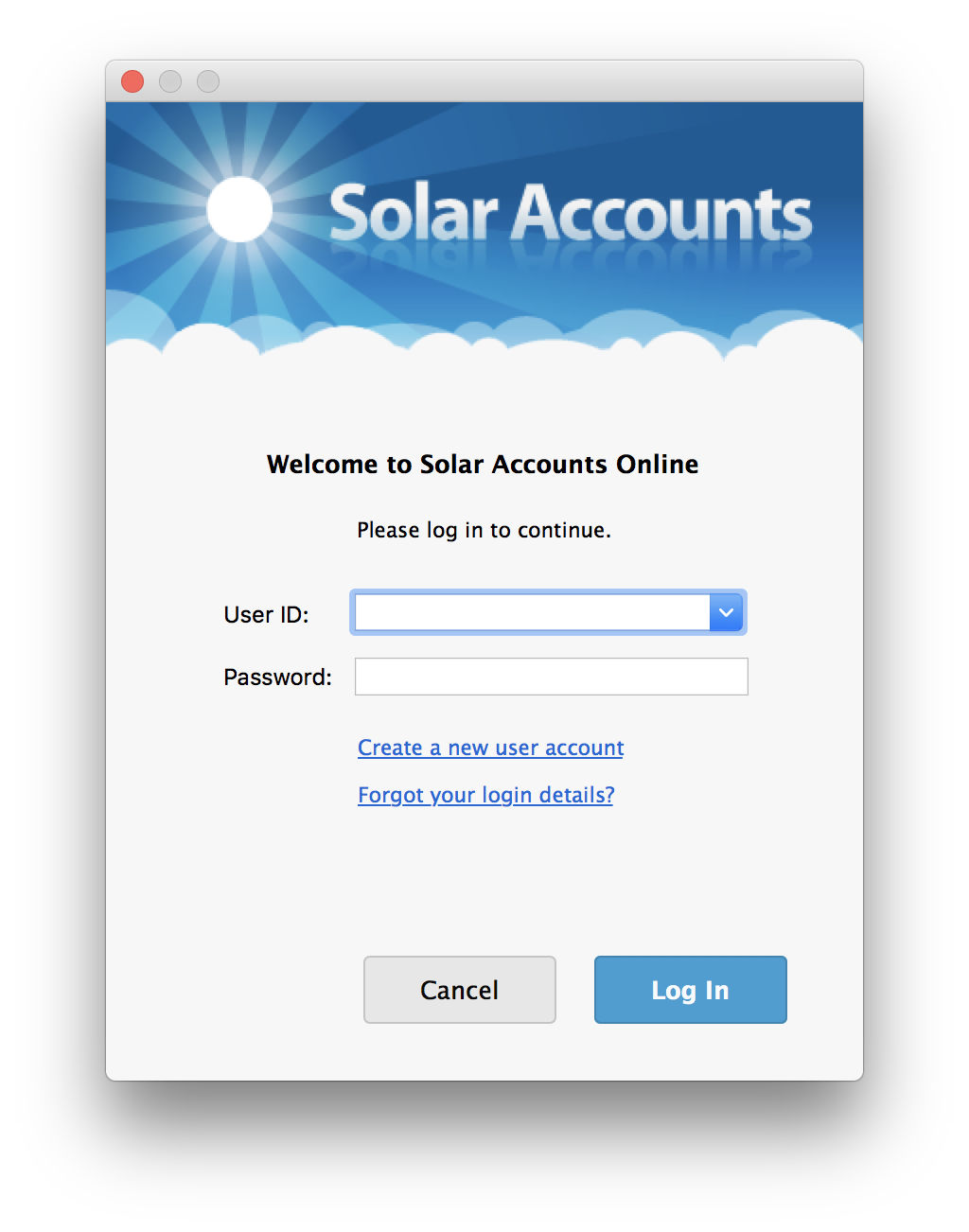 Screenshot of Solar Accounts Online login screen