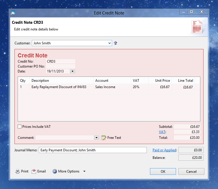 Early Payment Credit Note