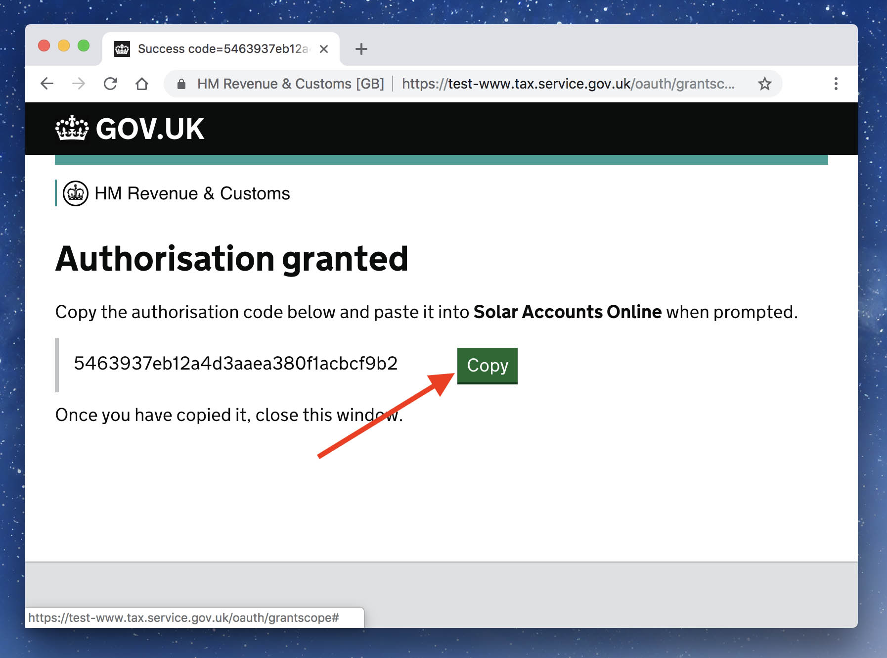 Screenshot of HMRC copy authority code page