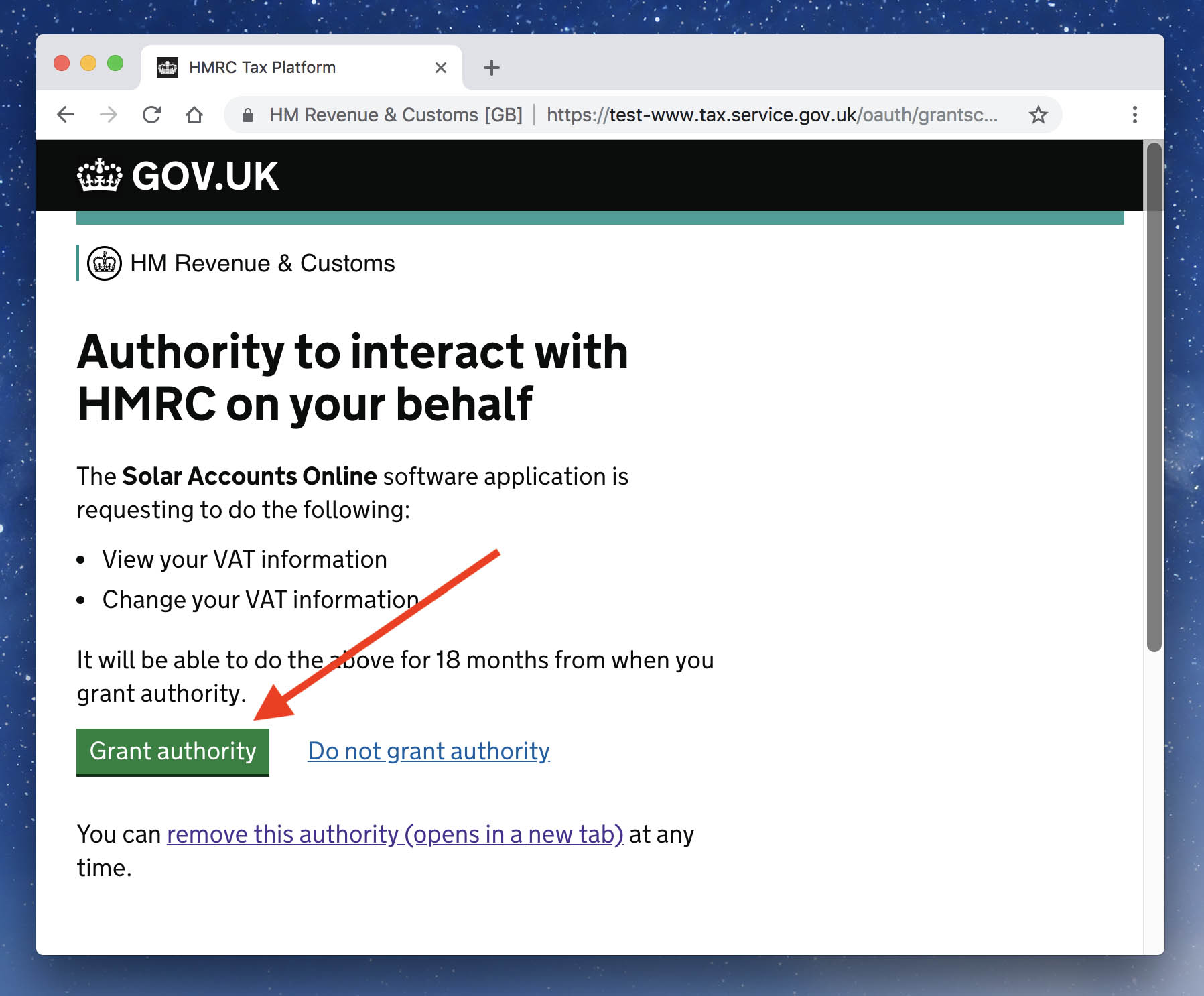 Screenshot of HMRC grant authority page