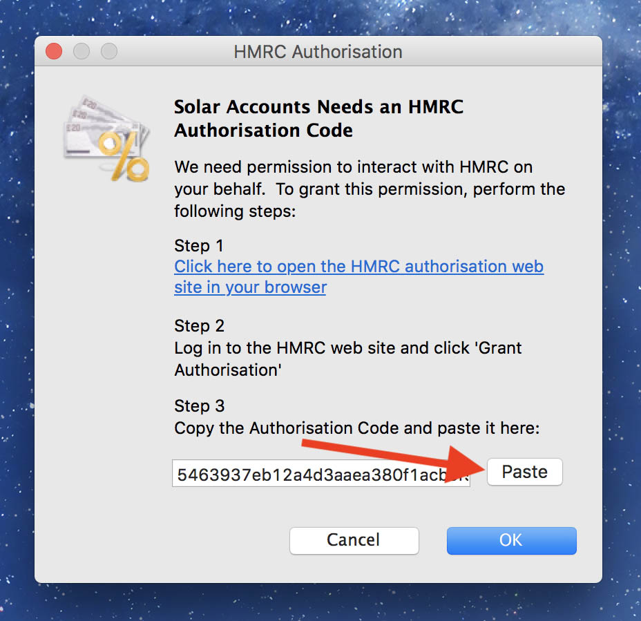 Screenshot showing paste button to paste authorisation code