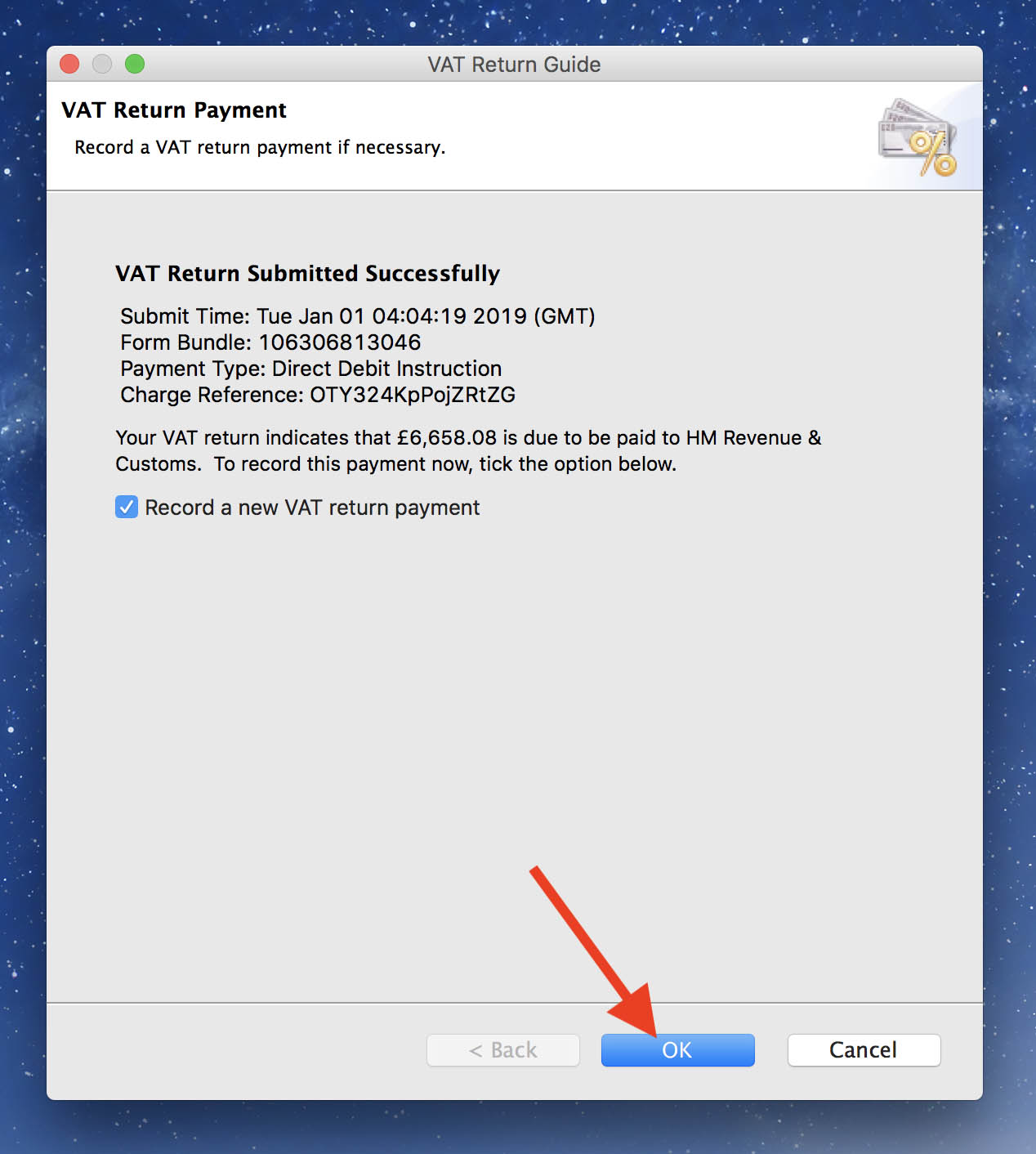 Screenshot of VAT return result when successful