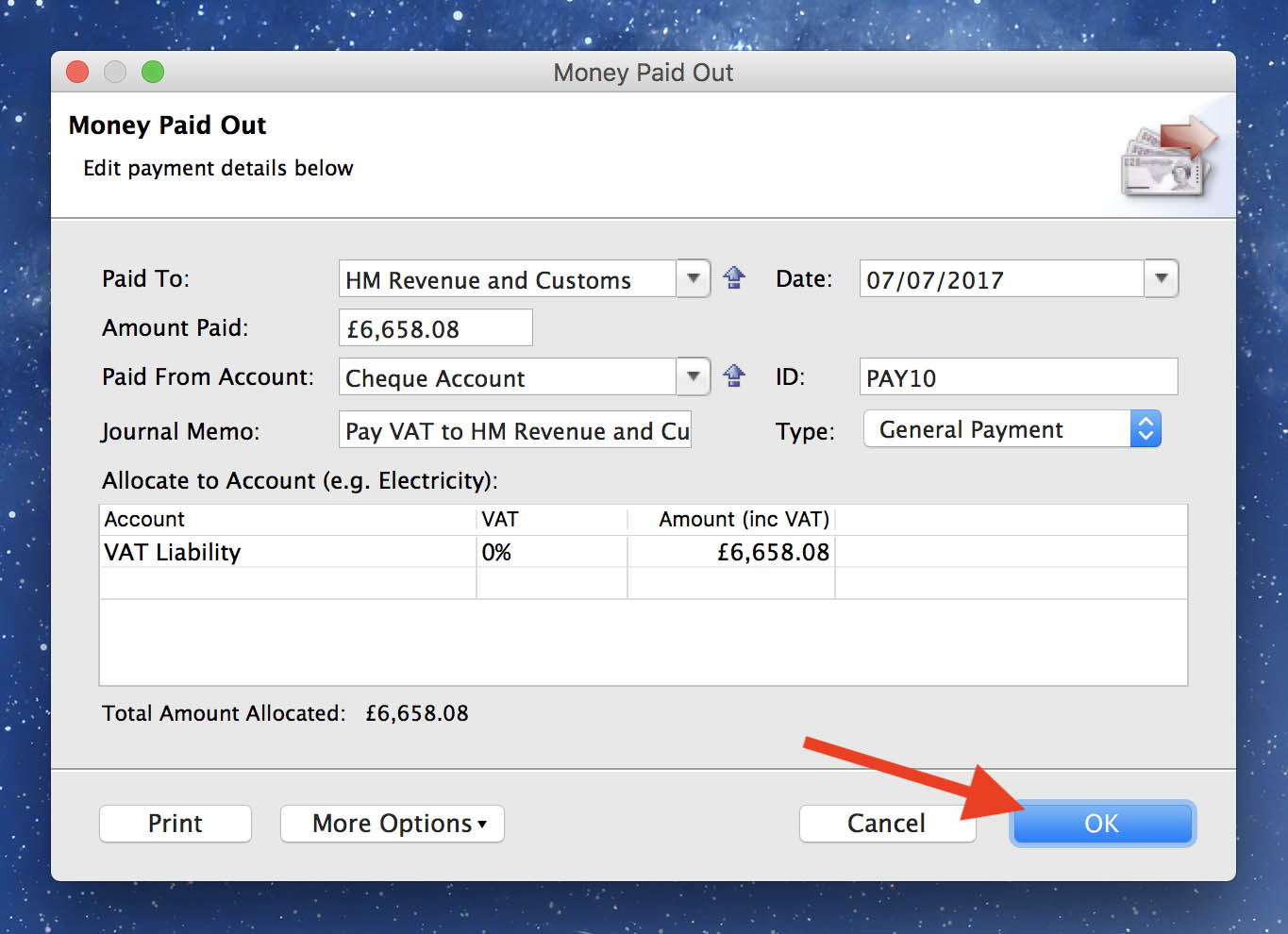 Screenshot of VAT payment to HMRC