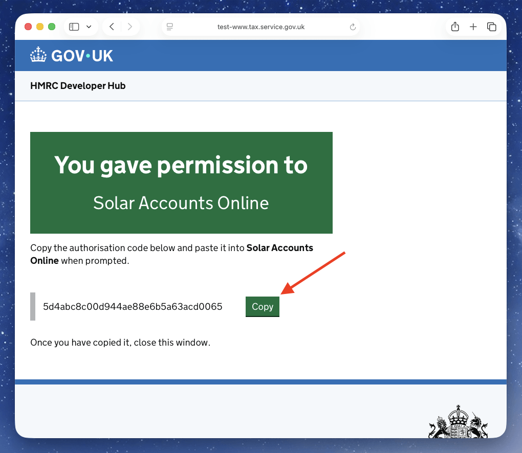 Screenshot of HMRC copy authority code page
