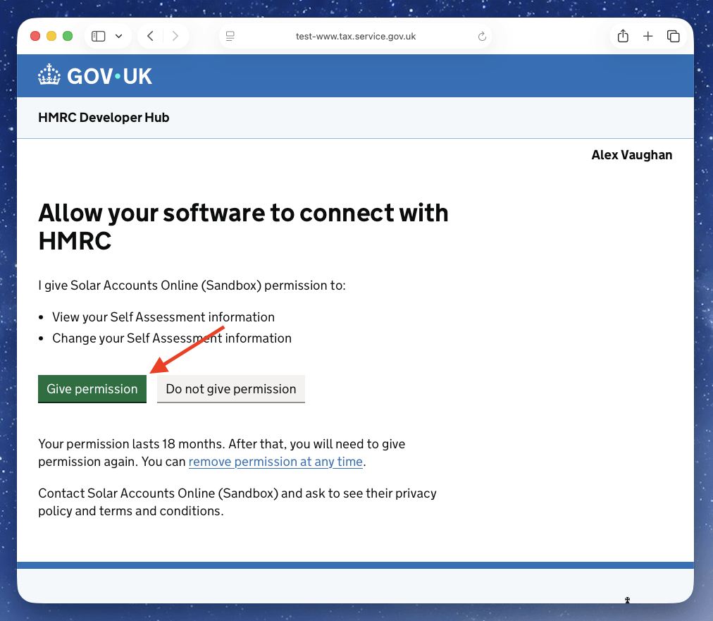 Screenshot of HMRC grant authority page