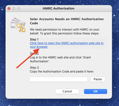 Screenshot showing authorisation link