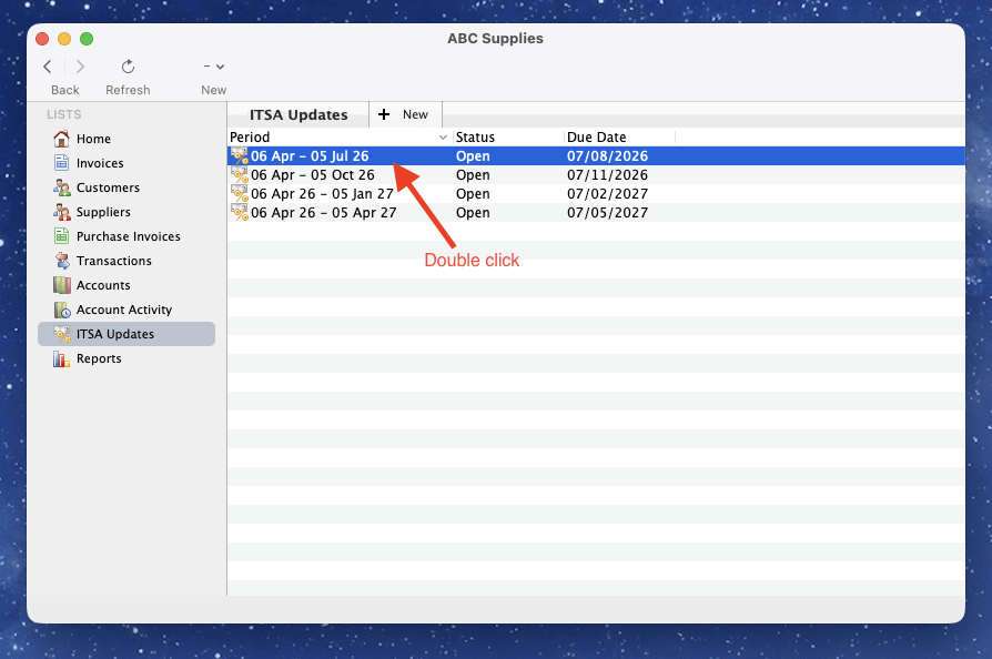 Screenshot of ITSA quarterly updates list in Solar Accounts