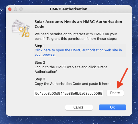 Screenshot showing paste button to paste authorisation code